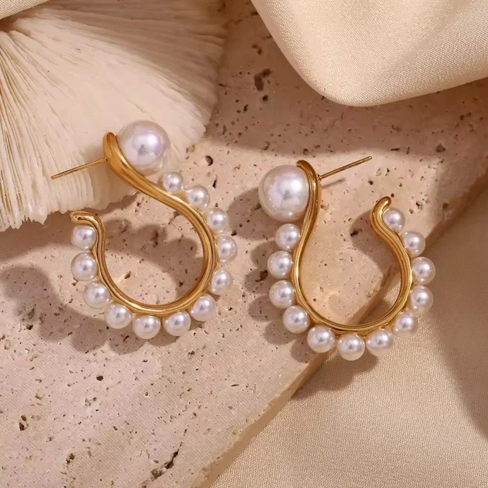 Pearl Question Mark Earrings 18K Gold Plated 
Jewelry Stainless Steel - Picture 5 of 12